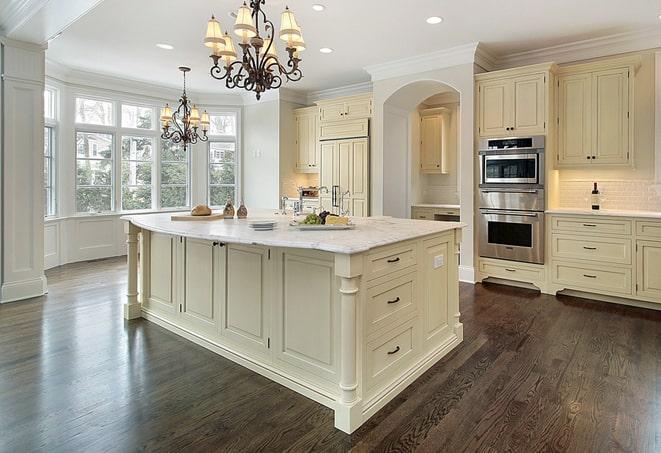 shiny laminate flooring in modern kitchen in Clinton WA